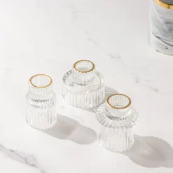 Set Of 6 Ribbed Crystal Glass Taper Candle Holders, Reversible Mini Votive Tealight Candle Stands 3" -Home Decor Promotional Store CAND HOLD TP004 CLR D01