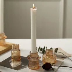 Set Of 6 Ribbed Crystal Glass Taper Candle Holders, Reversible Mini Votive Tealight Candle Stands 3" -Home Decor Promotional Store CAND HOLD TP004 GOLD D05