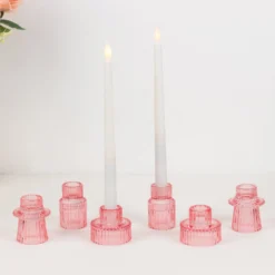 Set Of 6 Ribbed Crystal Glass Taper Candle Holders, Reversible Mini Votive Tealight Candle Stands 3" -Home Decor Promotional Store CAND HOLD TP004 PINK D05