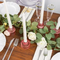 Set Of 6 Ribbed Crystal Glass Taper Candle Holders, Reversible Mini Votive Tealight Candle Stands 3" -Home Decor Promotional Store CAND HOLD TP004 PINK D08