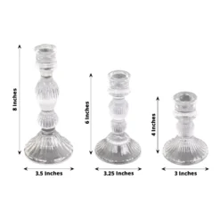 Set Of 3 Clear Fluted Glass Taper Candle Holders, Ribbed Crystal Candlestick Stands - 4", 6", 8" -Home Decor Promotional Store CAND HOLD TP006 CLR 98