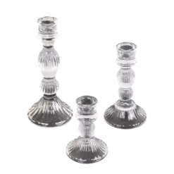 Set Of 3 Clear Fluted Glass Taper Candle Holders, Ribbed Crystal Candlestick Stands - 4", 6", 8" -Home Decor Promotional Store CAND HOLD TP006 CLR 99
