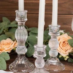 Set Of 3 Clear Fluted Glass Taper Candle Holders, Ribbed Crystal Candlestick Stands - 4", 6", 8" -Home Decor Promotional Store CAND HOLD TP006 CLR D05
