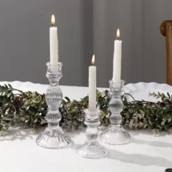 Set Of 3 Clear Fluted Glass Taper Candle Holders, Ribbed Crystal Candlestick Stands - 4", 6", 8"