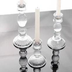 Set Of 3 Clear Fluted Glass Taper Candle Holders, Ribbed Crystal Candlestick Stands - 4", 6", 8" -Home Decor Promotional Store CAND HOLD TP006 CLR D14
