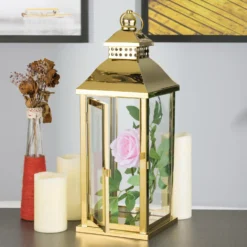 Prism Top Stainless Steel Candle Lantern Centerpiece Outdoor Metal Patio Lantern 19" -Home Decor Promotional Store CAND LANT001 M GOLD D06