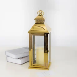 Prism Top Stainless Steel Candle Lantern Centerpiece Outdoor Metal Patio Lantern 19" -Home Decor Promotional Store CAND LANT001 M GOLD D11