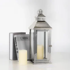 Prism Top Stainless Steel Candle Lantern Centerpiece Outdoor Metal Patio Lantern 19" -Home Decor Promotional Store CAND LANT001 M SILV 01