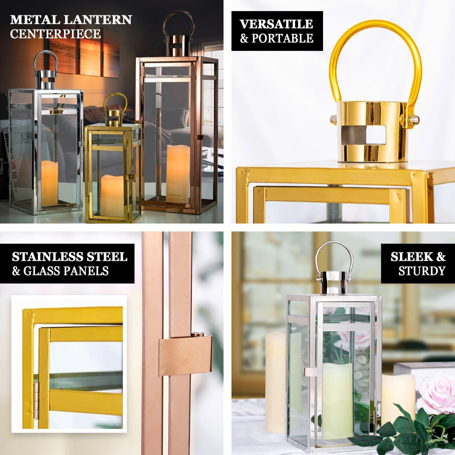 Black & Gold Top Stainless Steel Candle Lantern Centerpiece Outdoor Metal Patio Lantern 2 Black & Gold Top Stainless Steel Candle Lantern Centerpiece Outdoor Metal Patio Lantern - Image 2