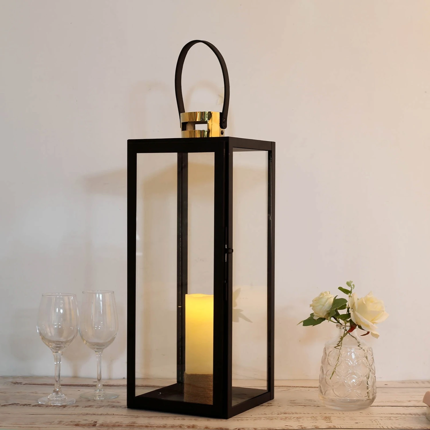Black & Gold Top Stainless Steel Candle Lantern Centerpiece Outdoor Metal Patio Lantern 17 Black & Gold Top Stainless Steel Candle Lantern Centerpiece Outdoor Metal Patio Lantern - Image 17