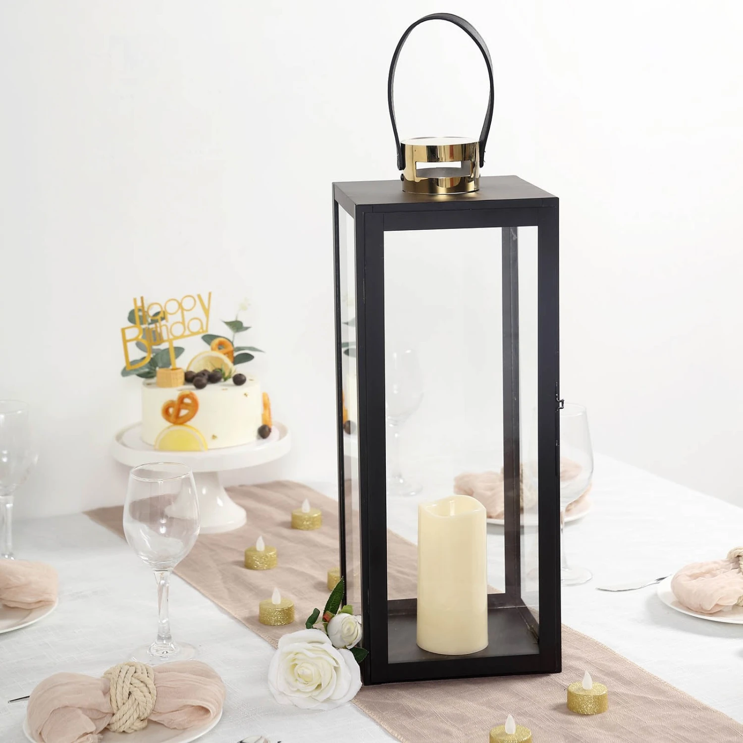 Black & Gold Top Stainless Steel Candle Lantern Centerpiece Outdoor Metal Patio Lantern 19 Black & Gold Top Stainless Steel Candle Lantern Centerpiece Outdoor Metal Patio Lantern - Image 19