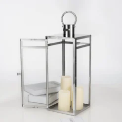 Silver Vintage Top Stainless Steel Candle Lantern Centerpiece Outdoor Metal Patio Lantern -Home Decor Promotional Store CAND LANT003 L SILV D12