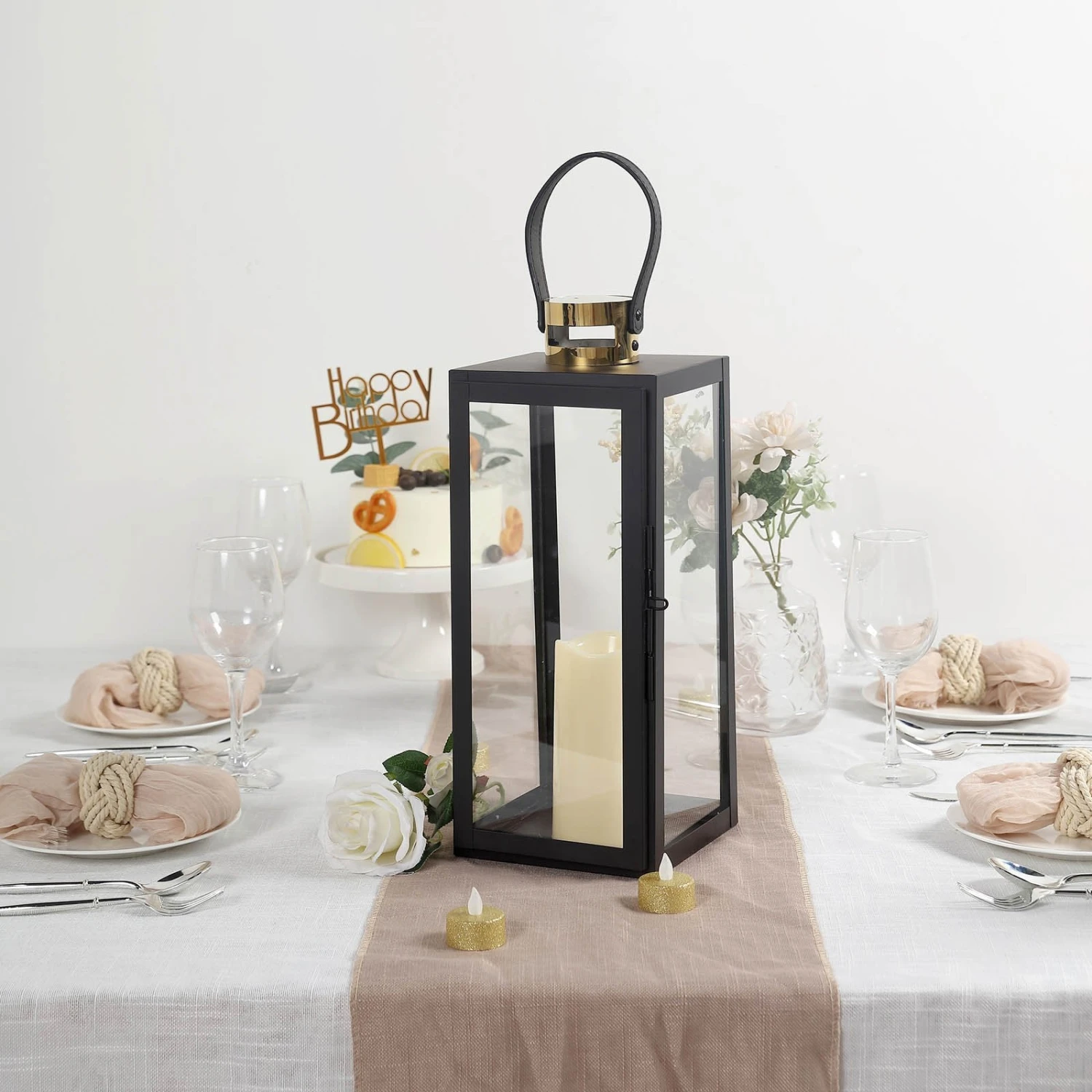 Black & Gold Top Stainless Steel Candle Lantern Centerpiece Outdoor Metal Patio Lantern 14 Black & Gold Top Stainless Steel Candle Lantern Centerpiece Outdoor Metal Patio Lantern - Image 14