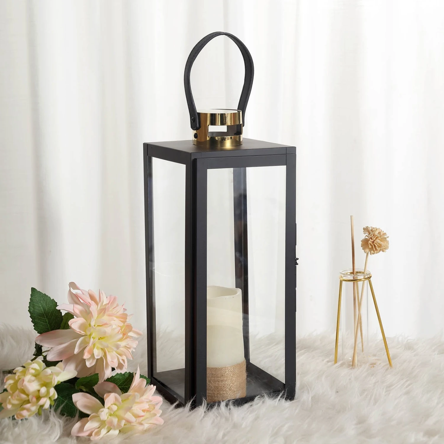 Black & Gold Top Stainless Steel Candle Lantern Centerpiece Outdoor Metal Patio Lantern 11 Black & Gold Top Stainless Steel Candle Lantern Centerpiece Outdoor Metal Patio Lantern - Image 11