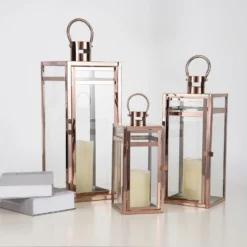 Rose Gold Vintage Top Stainless Steel Candle Lantern Centerpiece Outdoor Metal Patio Lantern