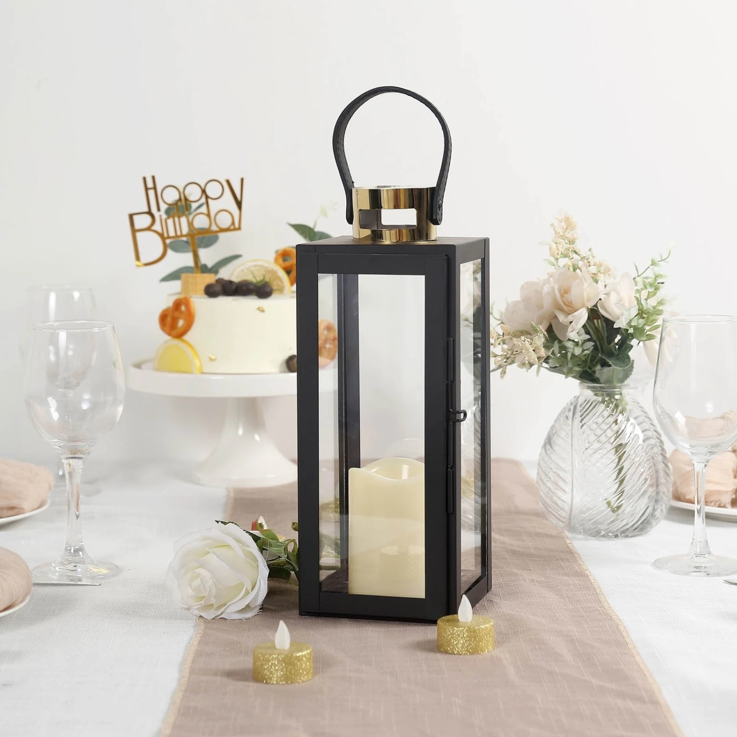 Black & Gold Top Stainless Steel Candle Lantern Centerpiece Outdoor Metal Patio Lantern 9 Black & Gold Top Stainless Steel Candle Lantern Centerpiece Outdoor Metal Patio Lantern - Image 9