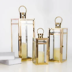 Gold Vintage Top Stainless Steel Candle Lantern Centerpiece Outdoor Metal Patio Lantern