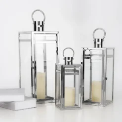Silver Vintage Top Stainless Steel Candle Lantern Centerpiece Outdoor Metal Patio Lantern