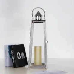 Silver Cone Top Stainless Steel Candle Lantern Centerpiece Outdoor Metal Patio Lantern -Home Decor Promotional Store CAND LANT004 L SILV 01