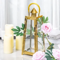 Gold Cone Top Stainless Steel Candle Lantern Centerpiece Outdoor Metal Patio Lantern -Home Decor Promotional Store CAND LANT004 M GOLD D01