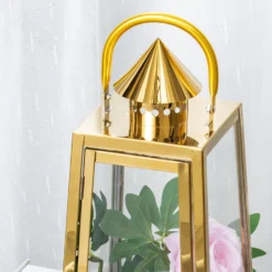 Gold Cone Top Stainless Steel Candle Lantern Centerpiece Outdoor Metal Patio Lantern -Home Decor Promotional Store CAND LANT004 M GOLD D03