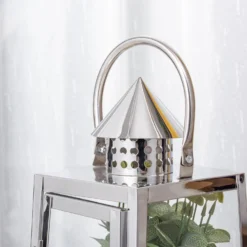 Silver Cone Top Stainless Steel Candle Lantern Centerpiece Outdoor Metal Patio Lantern -Home Decor Promotional Store CAND LANT004 M SILV D04