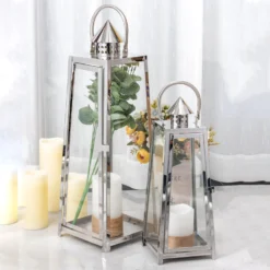 Silver Cone Top Stainless Steel Candle Lantern Centerpiece Outdoor Metal Patio Lantern