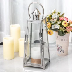 Silver Cone Top Stainless Steel Candle Lantern Centerpiece Outdoor Metal Patio Lantern -Home Decor Promotional Store CAND LANT004 M SILV 02