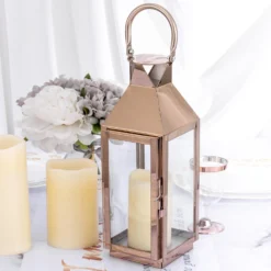 Rose Gold Crown Top Stainless Steel Candle Lantern Centerpiece Outdoor Metal Patio Lantern -Home Decor Promotional Store CAND LANT005 M 054 D02