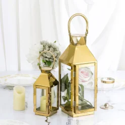 Gold Crown Top Stainless Steel Candle Lantern Centerpiece Outdoor Metal Patio Lantern