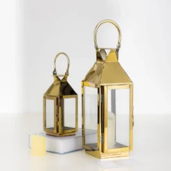 Gold Crown Top Stainless Steel Candle Lantern Centerpiece Outdoor Metal Patio Lantern -Home Decor Promotional Store CAND LANT005 M GOLD D11.progressive bda24dea d326 41d8 9222 f48d5dd05b1a