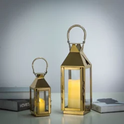 Gold Crown Top Stainless Steel Candle Lantern Centerpiece Outdoor Metal Patio Lantern -Home Decor Promotional Store CAND LANT005 M GOLD D14.progressive 08dce608 95bd 44d0 910b 4e78cb13b9fc