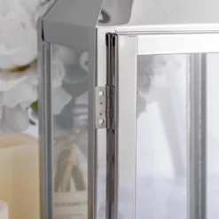 Silver Crown Top Stainless Steel Candle Lantern Centerpiece Outdoor Metal Patio Lantern -Home Decor Promotional Store CAND LANT005 M SILV D05