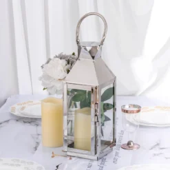 Silver Crown Top Stainless Steel Candle Lantern Centerpiece Outdoor Metal Patio Lantern -Home Decor Promotional Store CAND LANT005 M SILV D10