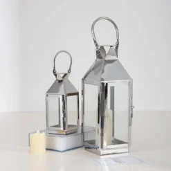 Silver Crown Top Stainless Steel Candle Lantern Centerpiece Outdoor Metal Patio Lantern