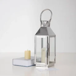 Silver Crown Top Stainless Steel Candle Lantern Centerpiece Outdoor Metal Patio Lantern -Home Decor Promotional Store CAND LANT005 M SILV 01