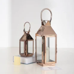 Rose Gold Crown Top Stainless Steel Candle Lantern Centerpiece Outdoor Metal Patio Lantern