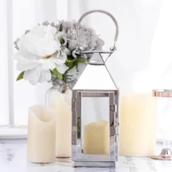 Silver Crown Top Stainless Steel Candle Lantern Centerpiece Outdoor Metal Patio Lantern -Home Decor Promotional Store CAND LANT005 S SILV D10