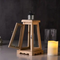 Rustic Wood & Glass Patio Candle Lantern Centerpiece, Outdoor - Metal Top European Style 14" -Home Decor Promotional Store CAND LANT006 S NAT D07.progressive f36849f9 ba4f 46d8 be79 1ac8f26dd2bf