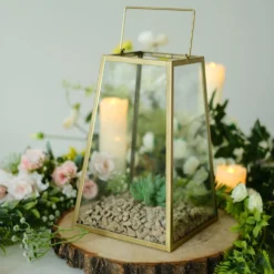 Gold Trapezoid Metal Candle Lantern, Geometric Hanging Terrarium, Table Centerpiece, Indoor/Dry Outdoor Planter Lantern -Home Decor Promotional Store CAND LANT007 L GOLD D01
