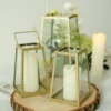 Gold Trapezoid Metal Candle Lantern, Geometric Hanging Terrarium, Table Centerpiece, Indoor/Dry Outdoor Planter Lantern