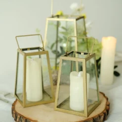 Gold Trapezoid Metal Candle Lantern, Geometric Hanging Terrarium, Table Centerpiece, Indoor/Dry Outdoor Planter Lantern
