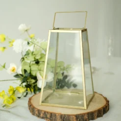 Gold Trapezoid Metal Candle Lantern, Geometric Hanging Terrarium, Table Centerpiece, Indoor/Dry Outdoor Planter Lantern -Home Decor Promotional Store CAND LANT007 L GOLD 02