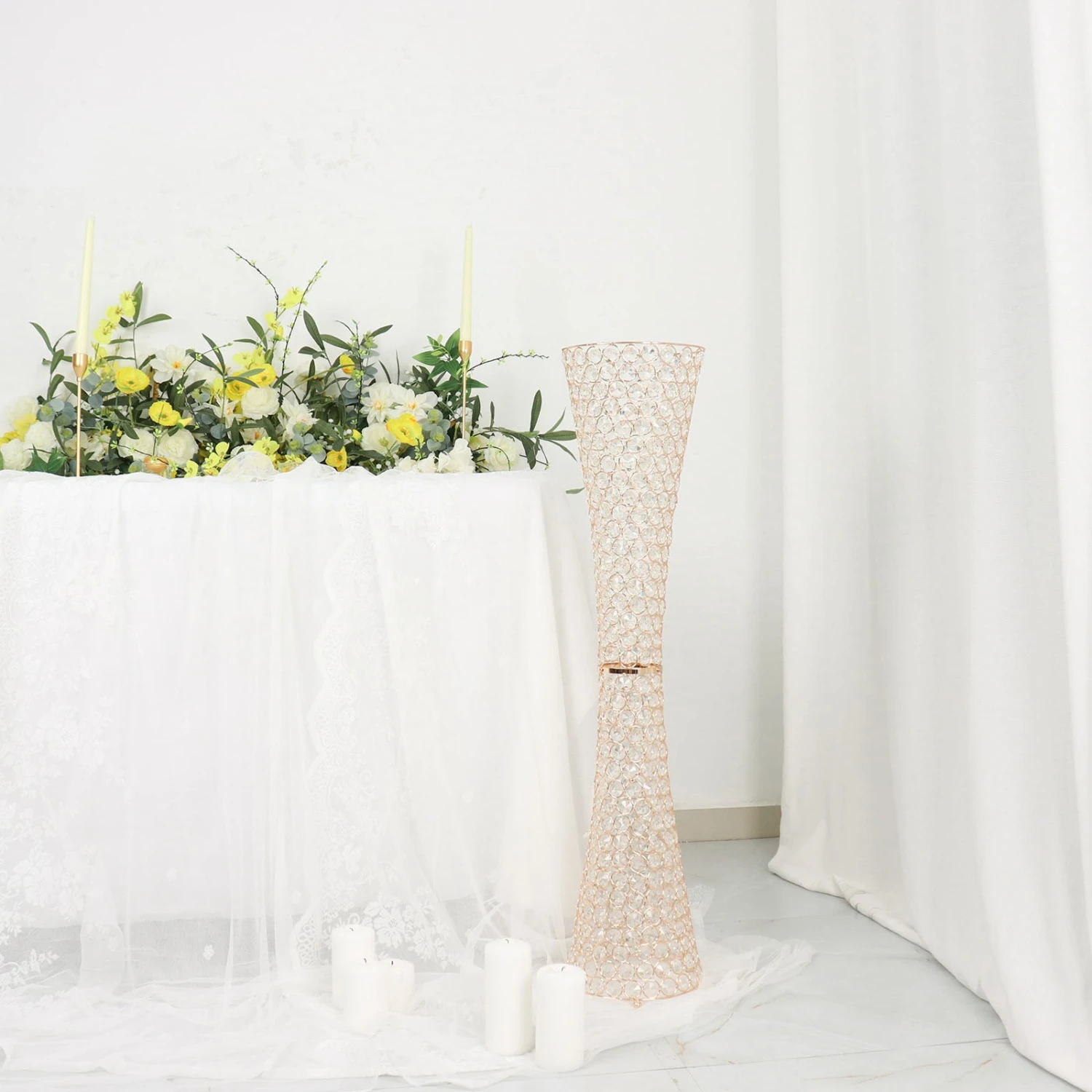 36" Metallic Gold And Crystal Beaded Hurricane Floral Vase Centerpiece 5 36" Metallic Gold And Crystal Beaded Hurricane Floral Vase Centerpiece - Image 5