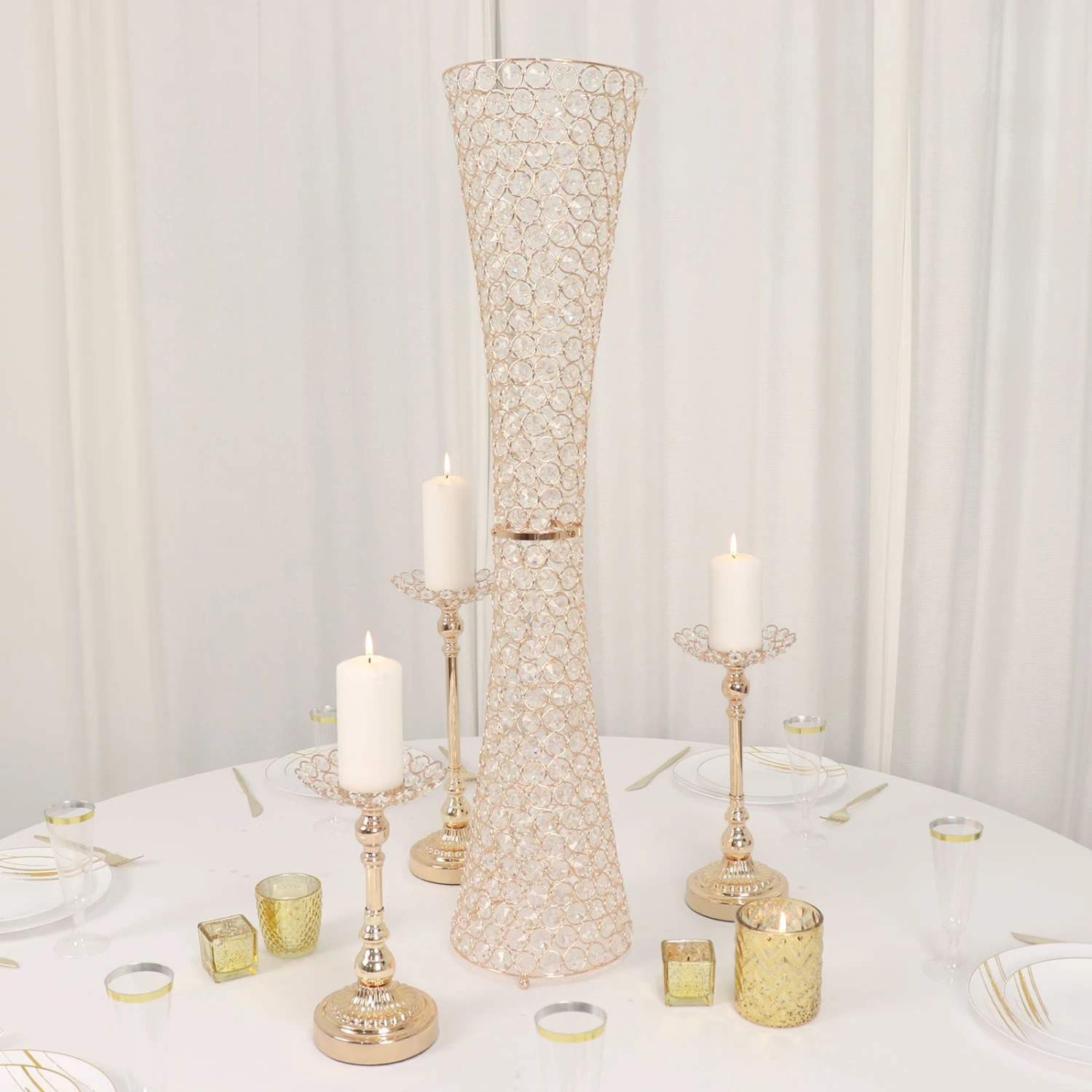 36" Metallic Gold And Crystal Beaded Hurricane Floral Vase Centerpiece 6 36" Metallic Gold And Crystal Beaded Hurricane Floral Vase Centerpiece - Image 6