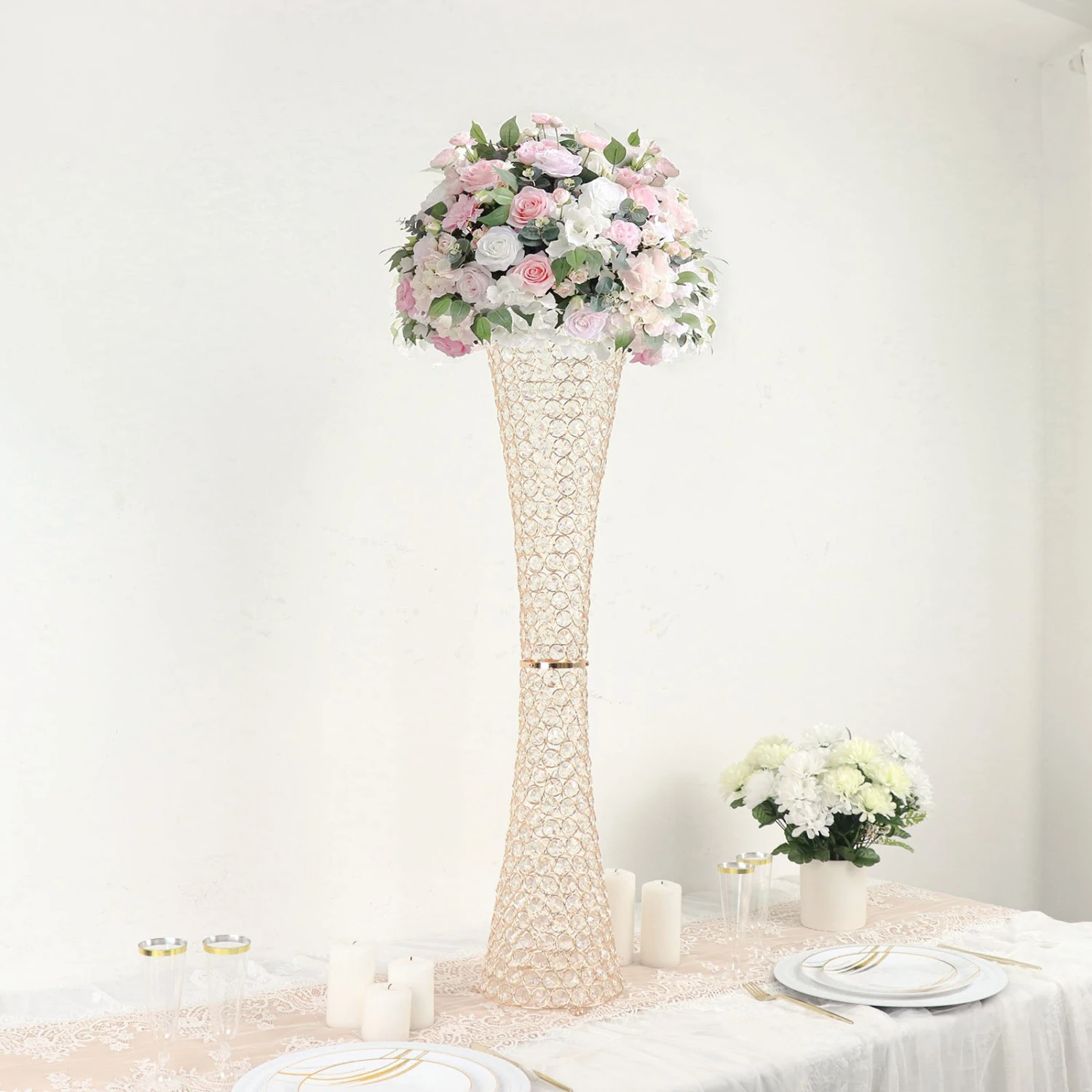 36" Metallic Gold And Crystal Beaded Hurricane Floral Vase Centerpiece 7 36" Metallic Gold And Crystal Beaded Hurricane Floral Vase Centerpiece - Image 7