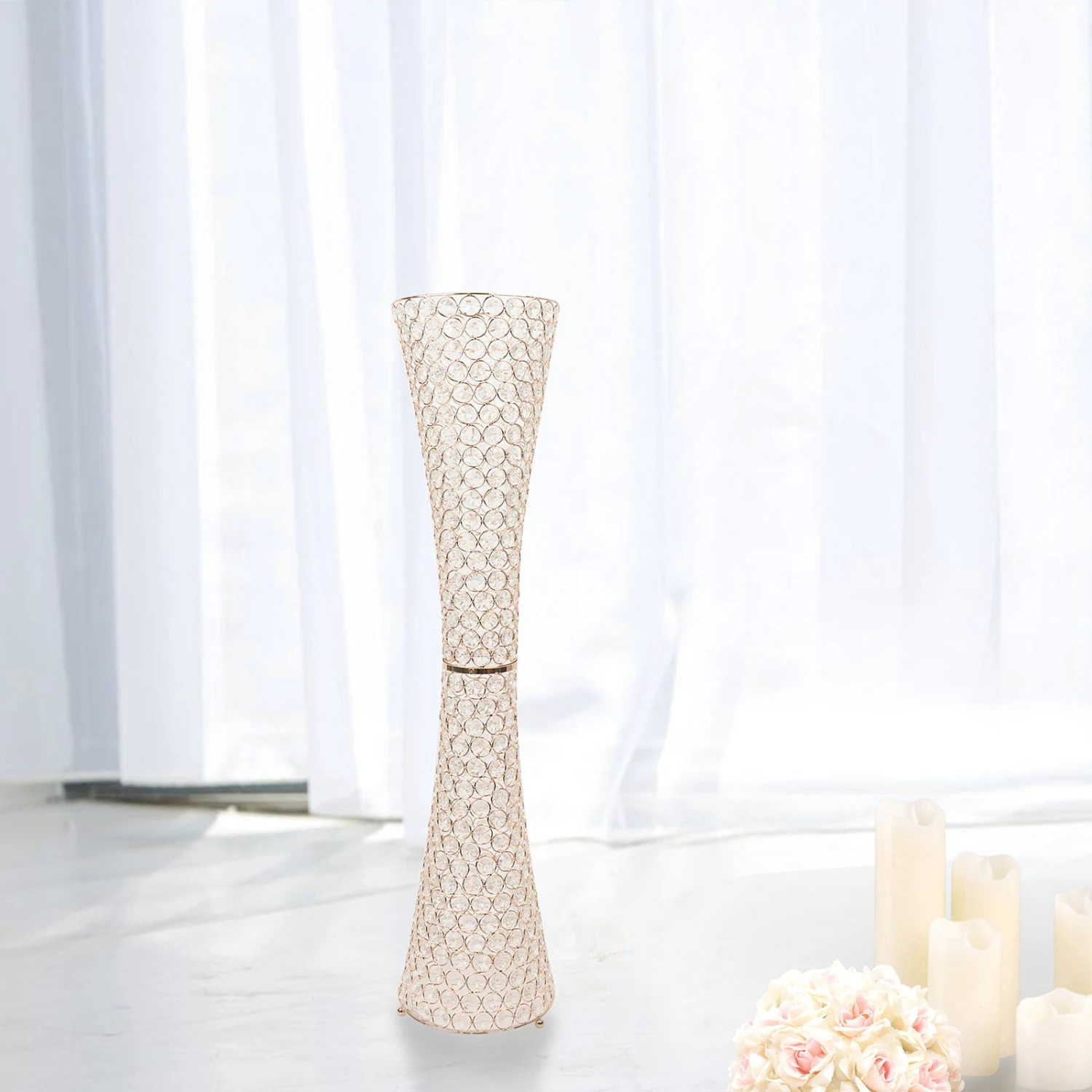 36" Metallic Gold And Crystal Beaded Hurricane Floral Vase Centerpiece 8 36" Metallic Gold And Crystal Beaded Hurricane Floral Vase Centerpiece - Image 8