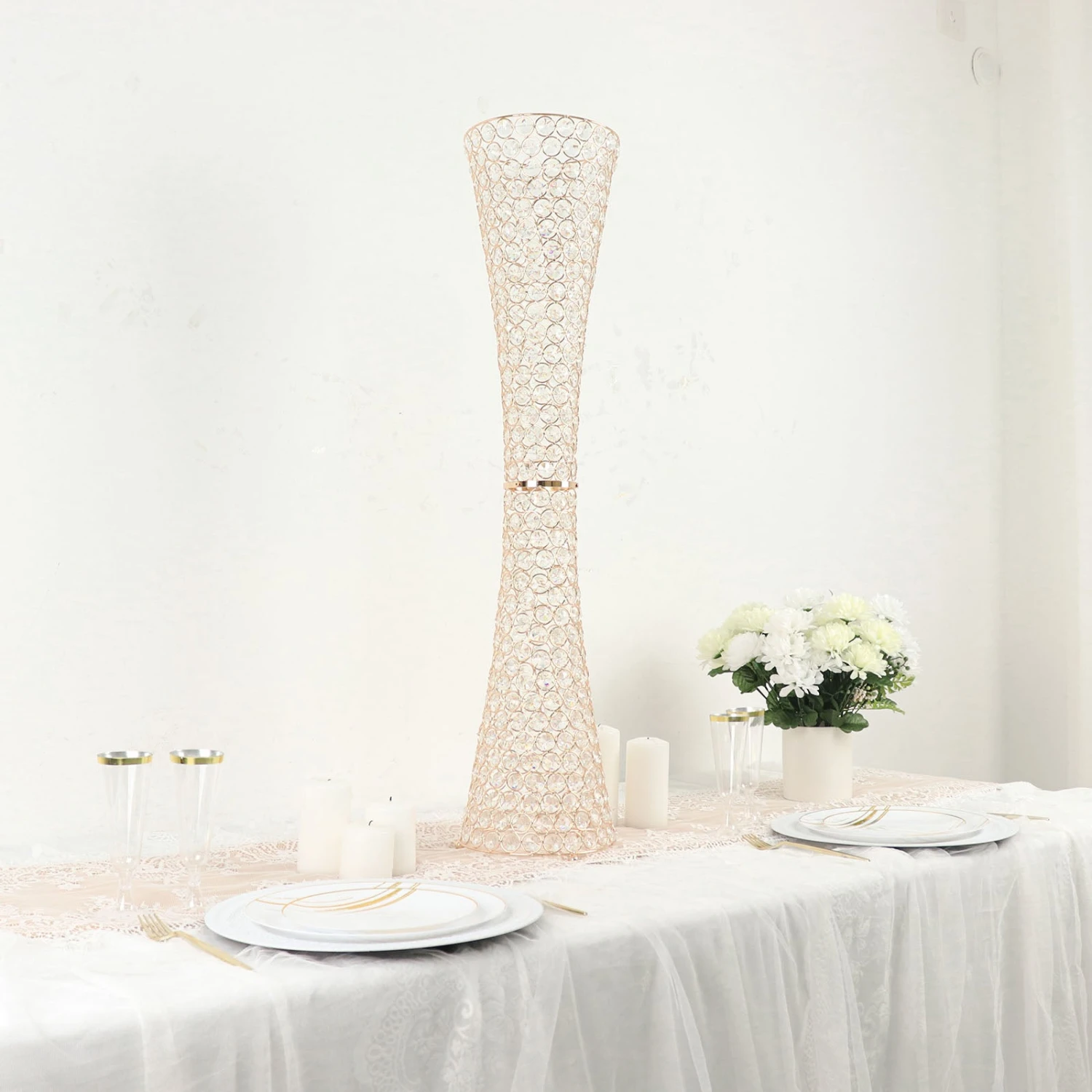 36" Metallic Gold And Crystal Beaded Hurricane Floral Vase Centerpiece 10 36" Metallic Gold And Crystal Beaded Hurricane Floral Vase Centerpiece - Image 10