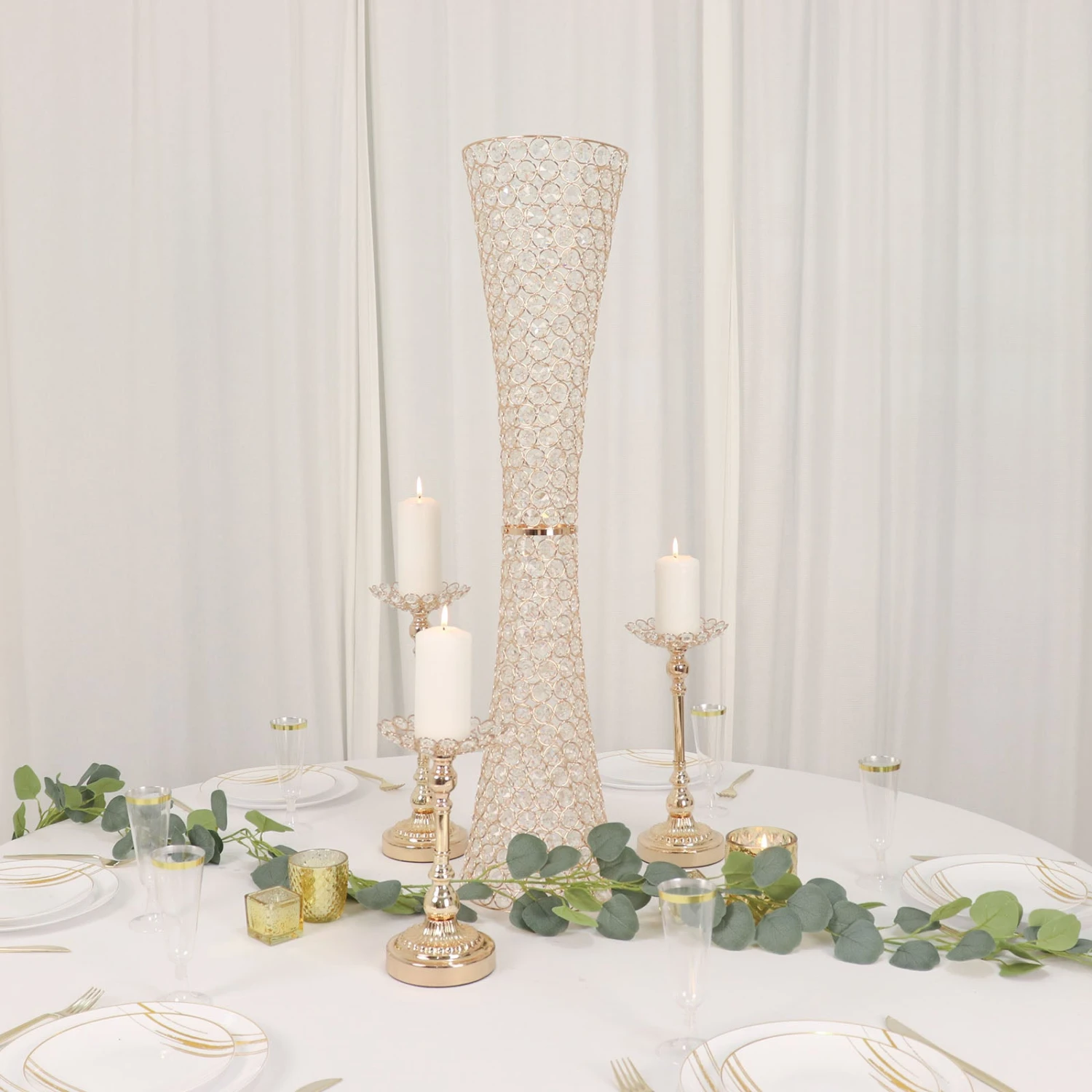 36" Metallic Gold And Crystal Beaded Hurricane Floral Vase Centerpiece 4 36" Metallic Gold And Crystal Beaded Hurricane Floral Vase Centerpiece - Image 4