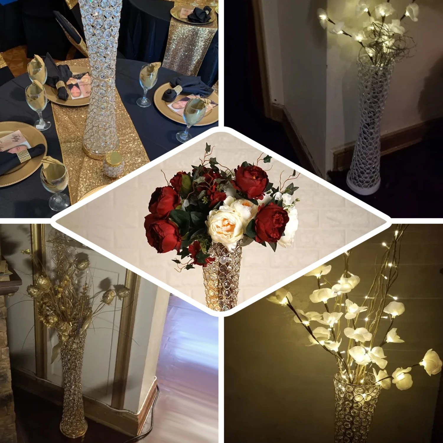 36" Metallic Gold And Crystal Beaded Hurricane Floral Vase Centerpiece 3 36" Metallic Gold And Crystal Beaded Hurricane Floral Vase Centerpiece - Image 3